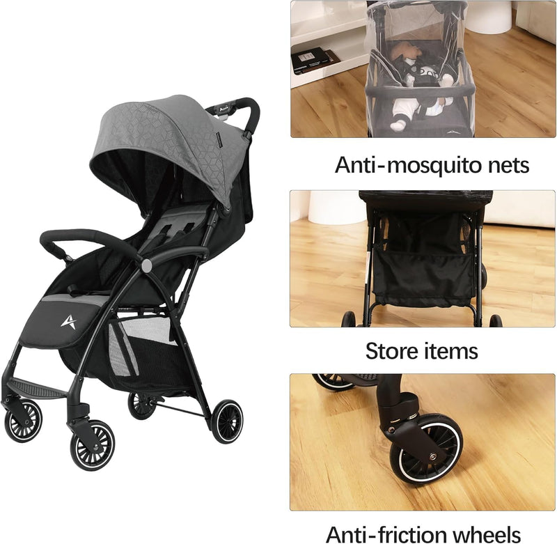 Alivio Lightweight Pushchair, Folding Baby Stroller 0-3 Years, Toddlers Travel Stroller with Mosquito Nets, Shoulder Strap, Anti-Friction & Wheels (Grey)