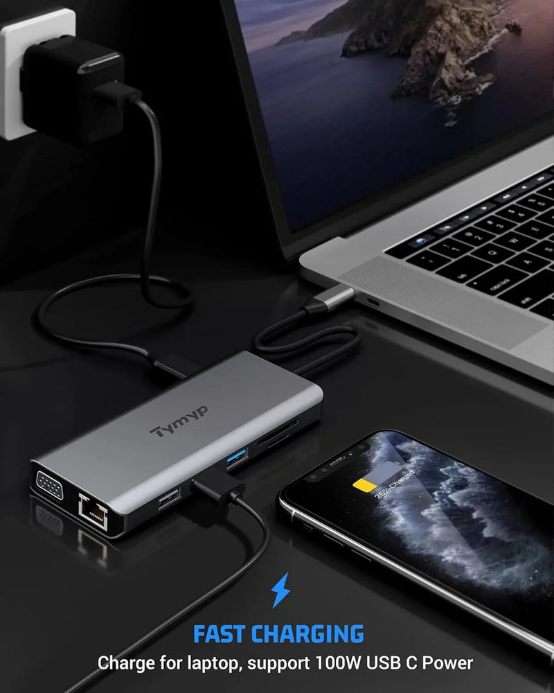 Tymyp USB C Docking Station 12 in 1 Hub Triple Display Laptop Dock With HDMI VGA