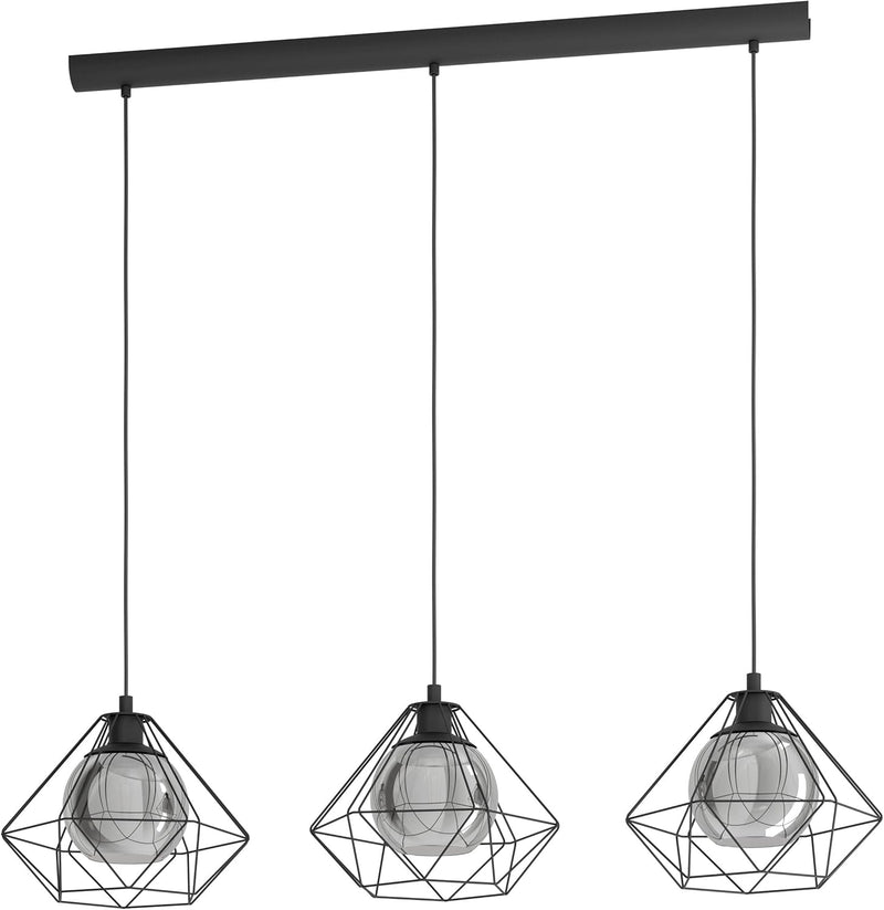 Pendant Light 3 Light Vintage Industrial Smoked Glass E27 Black Eglo Vernham