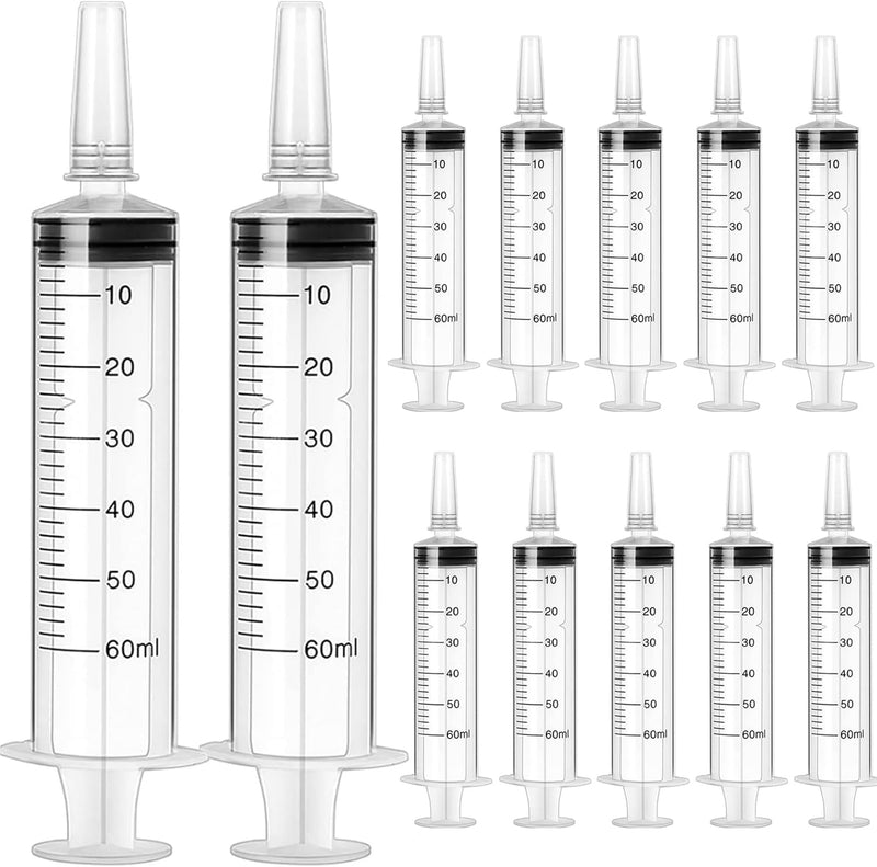 12 Pack 60ml Syringe Plastic Syringes for Liquid Individually Packaged, New but open, scruffy box