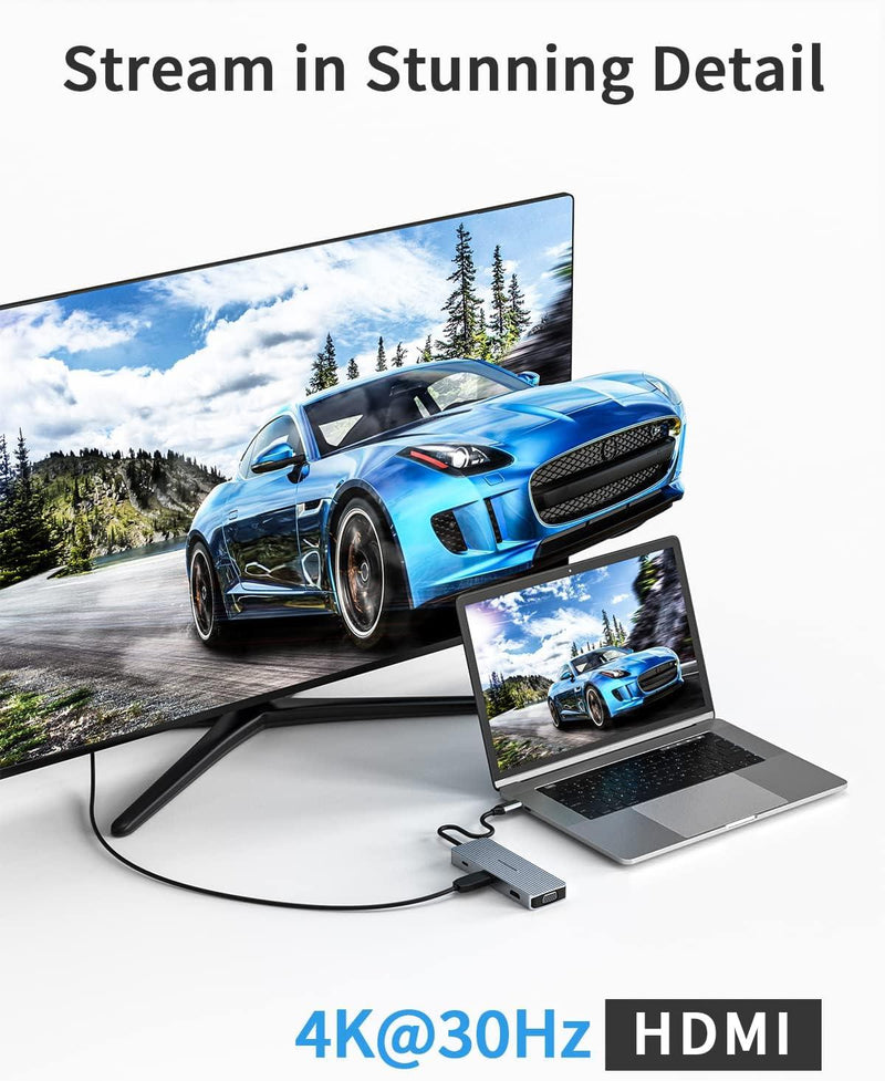 USB-C Docking Station 9-in-1 Hub Triple Display HDMI/VGA USB for Mac & Windows