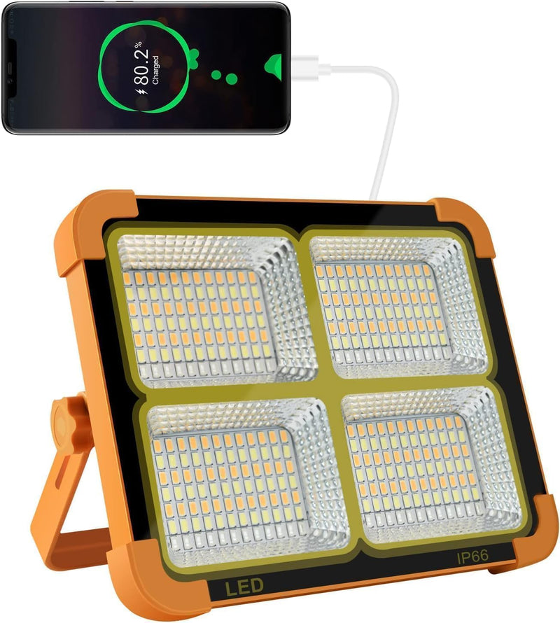 Solar LED Floodlight with Built-In USB Power Bank | 4 Brightness Settings | Waterproof Outdoor Security Light for Camping, Garage & Car Repair