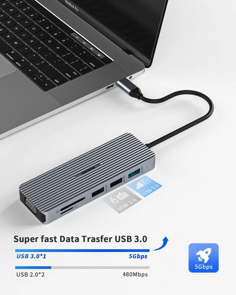 USB-C Docking Station 9-in-1 Hub Triple Display HDMI/VGA USB for Mac & Windows