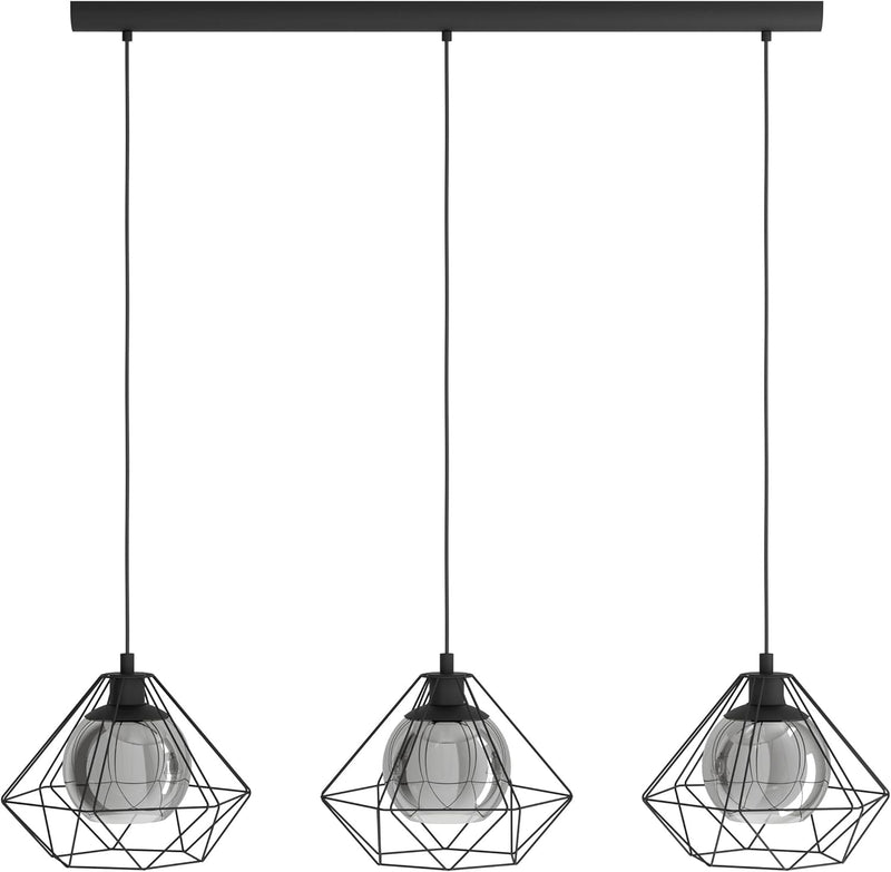 Pendant Light 3 Light Vintage Industrial Smoked Glass E27 Black Eglo Vernham