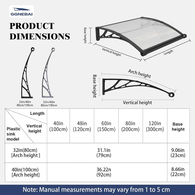 Door Canopy Awning 32 x 80 inch Polycarbonate Aluminium UV Rain Snow Protection