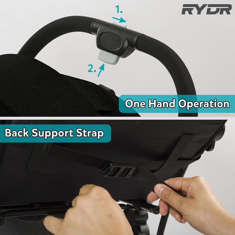 RYDR C8 Compact Travel Pushchair | Lightweight Baby Stroller/Pram/Buggy for 0–3 years/15kg | Easy One-Hand Fold, 5-Point Harness, Adjustable Back, Leg Rest and Canopy, Shopping Basket (Black)