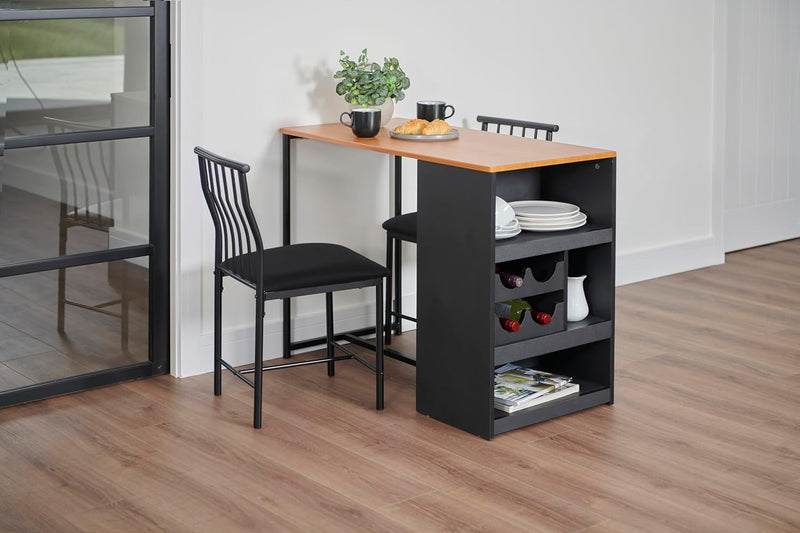 Greenhurst Studio Bistro Dining Set with 2 fabric covered chairs, added Storage and wine rack L100 x W50 x H76cm (Black)