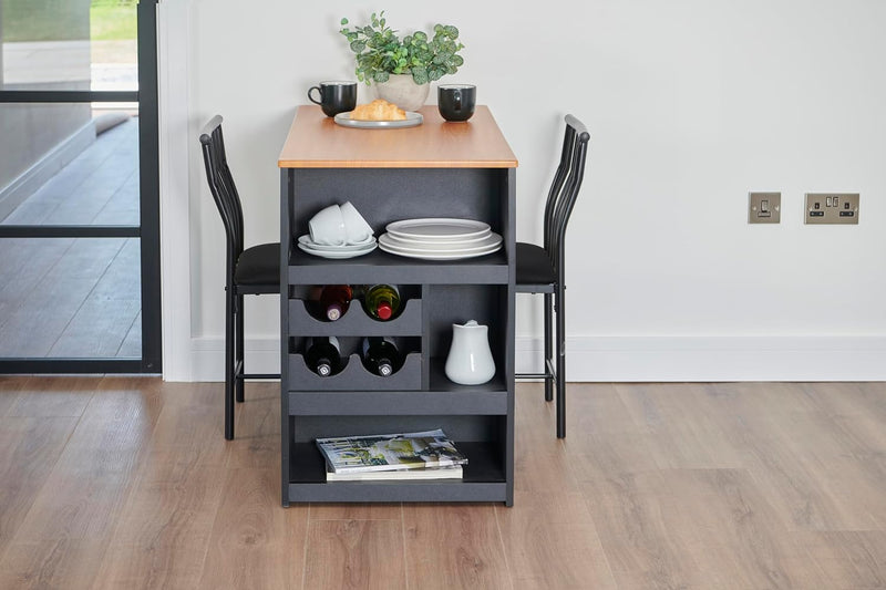 Greenhurst Studio Bistro Dining Set with 2 fabric covered chairs, added Storage and wine rack L100 x W50 x H76cm (Black)