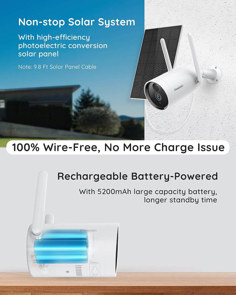 Peasec 1080P Solar Wireless Security Camera – Outdoor, Rechargeable, Night Vision, IP65