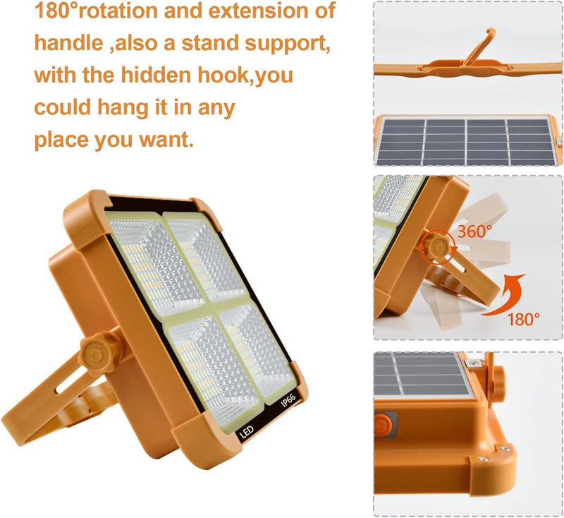 Solar LED Floodlight with Built-In USB Power Bank | 4 Brightness Settings | Waterproof Outdoor Security Light for Camping, Garage & Car Repair