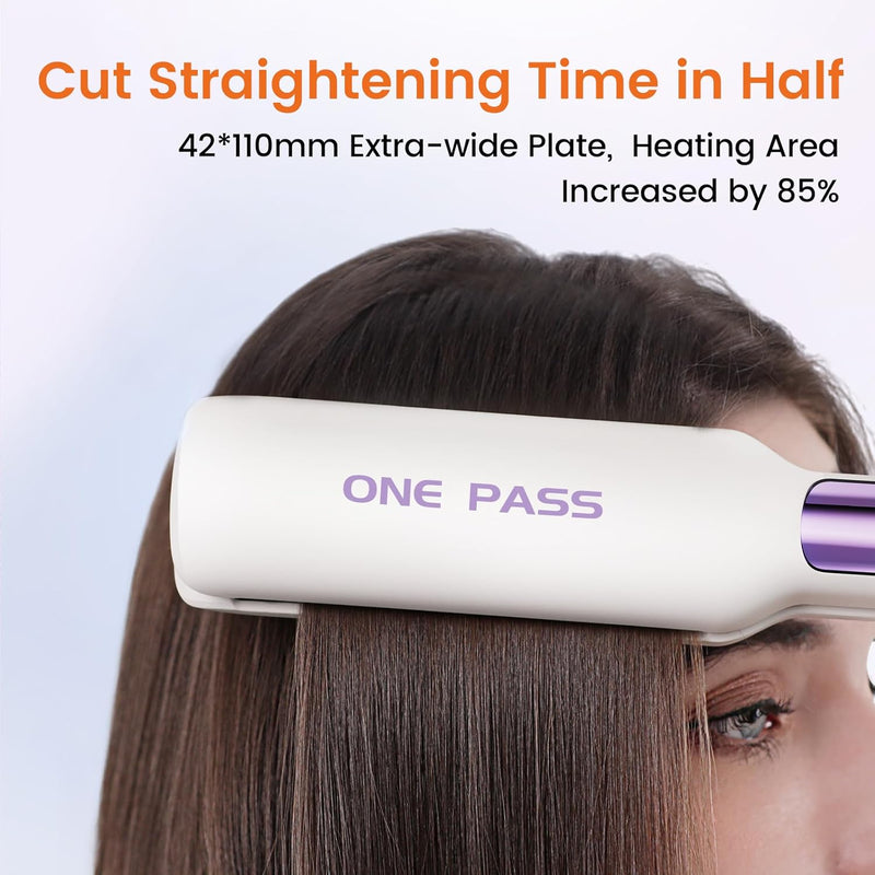 One-Pass Professional Hair Straighteners, 42mm Wide Plate Titanium Negative Ion Flat Iron, 30s Rapid Heating, 11 Adjustable Temperature Levels (130-230℃), Real-time Temperature Display (White)