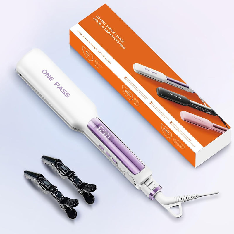 One-Pass Professional Hair Straighteners, 42mm Wide Plate Titanium Negative Ion Flat Iron, 30s Rapid Heating, 11 Adjustable Temperature Levels (130-230℃), Real-time Temperature Display (White)