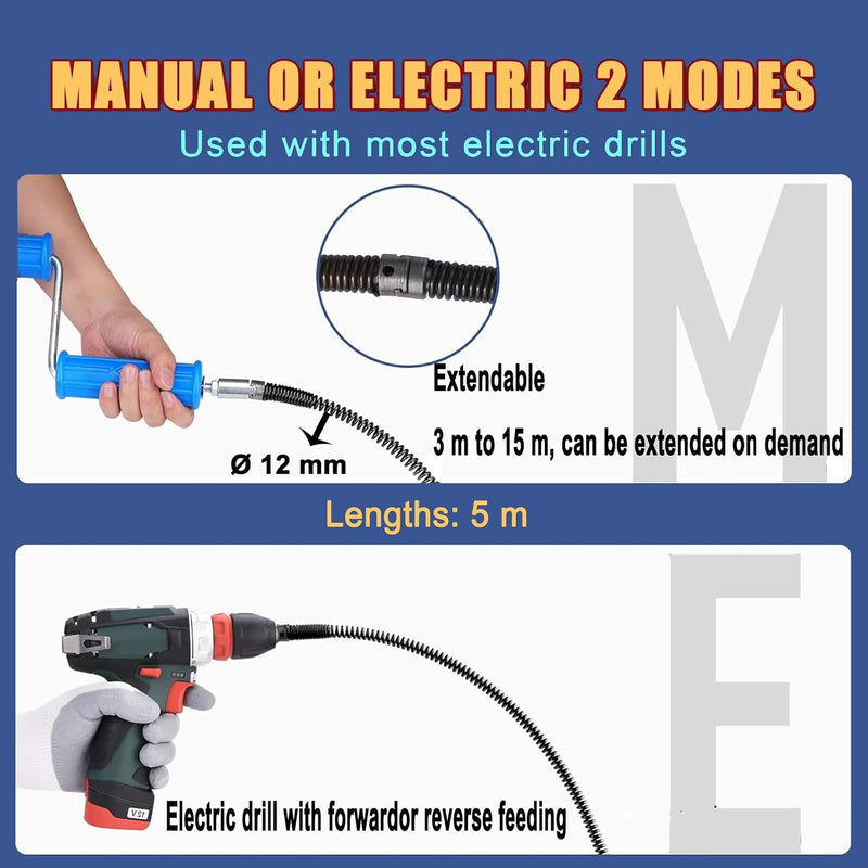 Pipe Cleaning Spiral 16.4ft 0.47in Drain Cleaner Cable 8 Cutter Heads 2 Sets Kit
