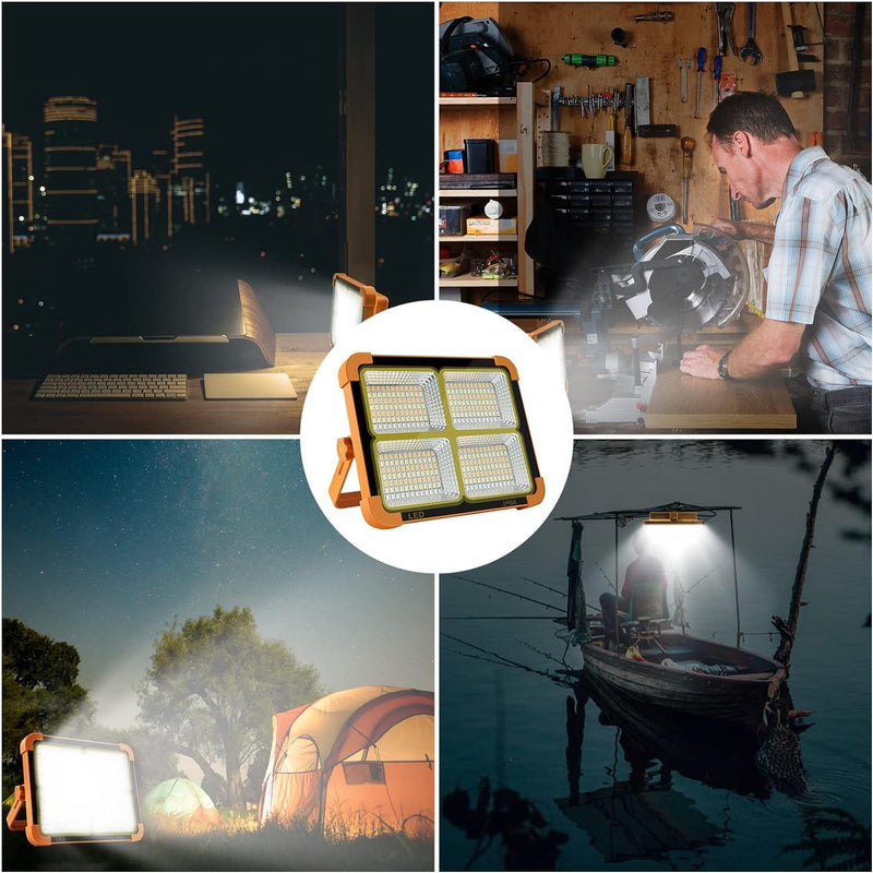 Solar LED Floodlight with Built-In USB Power Bank | 4 Brightness Settings | Waterproof Outdoor Security Light for Camping, Garage & Car Repair