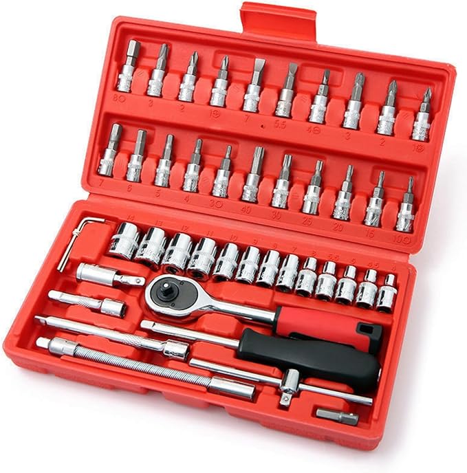 My pick: "46-Piece Socket Wrench Set – 1/4" Drive Metric with Ratchet & Extension Bar