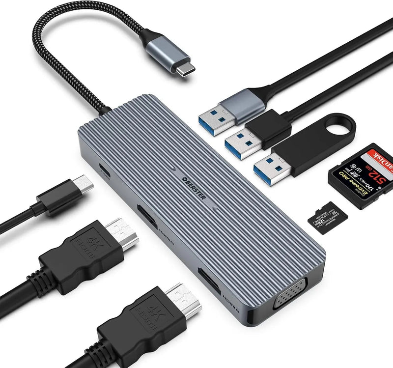 USB-C Docking Station 9-in-1 Hub Triple Display HDMI/VGA USB for Mac & Windows