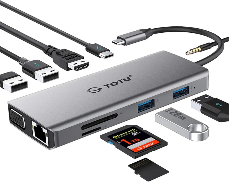 Docking Station 11-in-1 Adapter with Ethernet 4K HDMI VGA USB3.0 USB2.0 SD/TF
