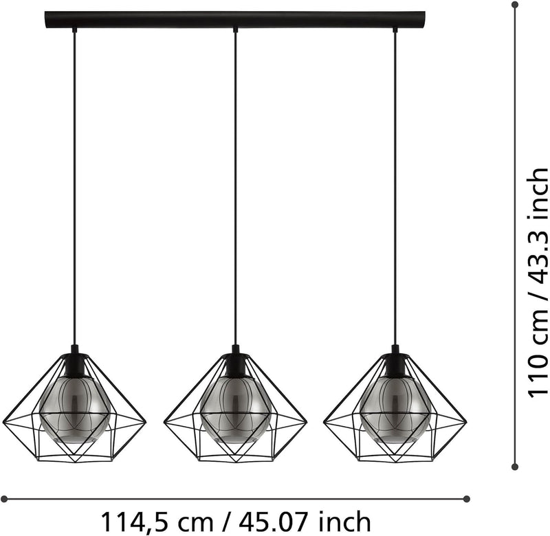 Pendant Light 3 Light Vintage Industrial Smoked Glass E27 Black Eglo Vernham