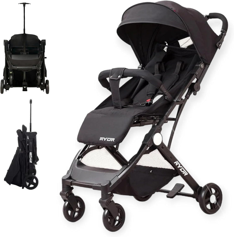 RYDR C8 Compact Travel Pushchair | Lightweight Baby Stroller/Pram/Buggy for 0–3 years/15kg | Easy One-Hand Fold, 5-Point Harness, Adjustable Back, Leg Rest and Canopy, Shopping Basket (Black)