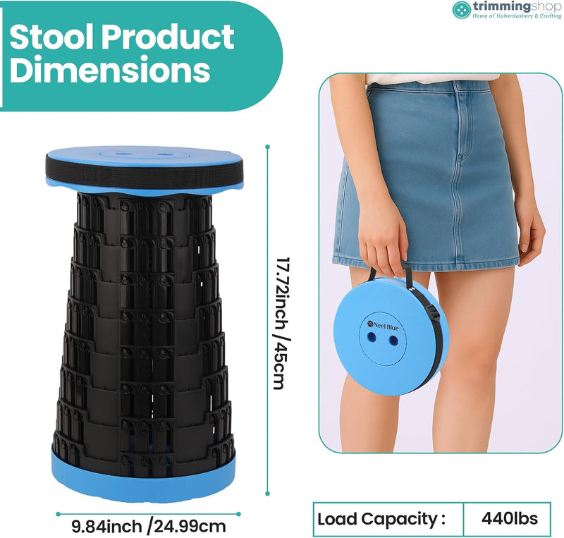 Trimming Shop Portable Folding Stool | Retractable Collapsible Seat | 440 lbs Heavy Duty Capacity | Lightweight and Compact | Royal Blue