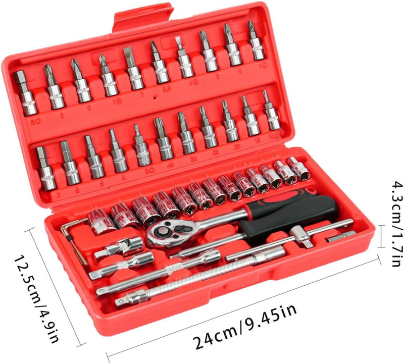 My pick: "46-Piece Socket Wrench Set – 1/4" Drive Metric with Ratchet & Extension Bar