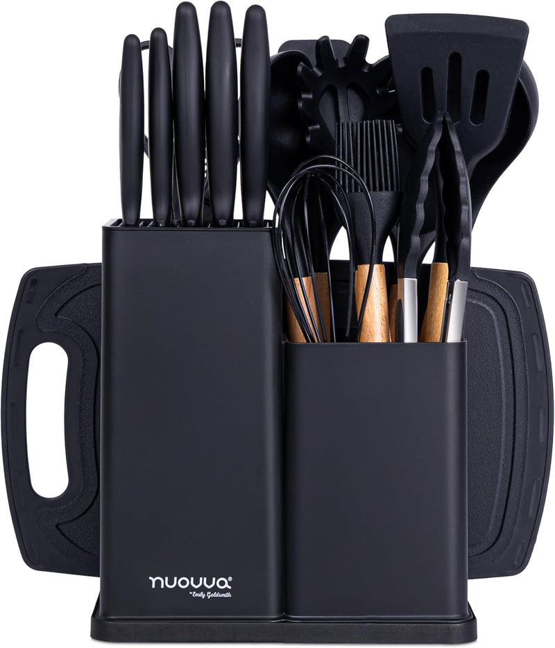Cooking Utensils Set with Chopping Board – Knife Set with Block – Heat Resistant Silicone Utensils with Wooden Handle, Spoons, Ladles & Spatula – Kitchen Tools & Accessories – 17pcs, Grey – by Nuovva