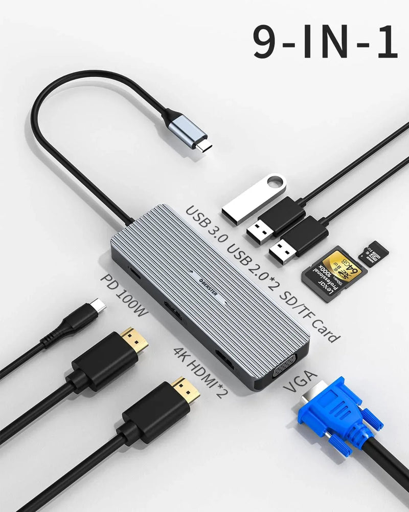 USB-C Docking Station 9-in-1 Hub Triple Display HDMI/VGA USB for Mac & Windows