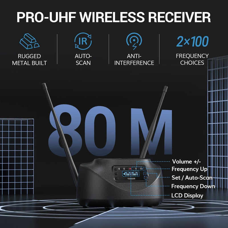 Wireless Microphone System UHF Rechargeable 80m Range Bluetooth TONOR Black