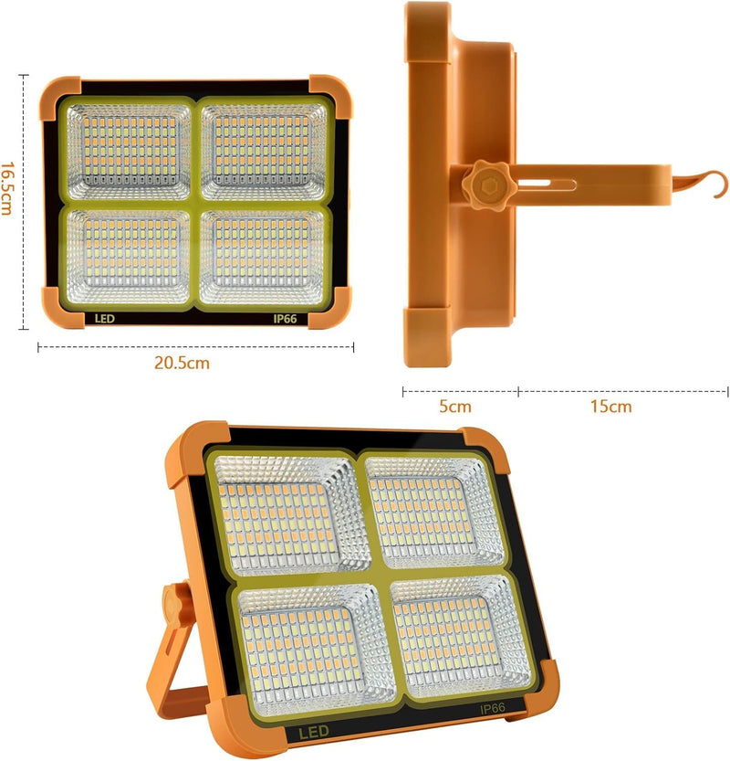 Solar LED Floodlight with Built-In USB Power Bank | 4 Brightness Settings | Waterproof Outdoor Security Light for Camping, Garage & Car Repair