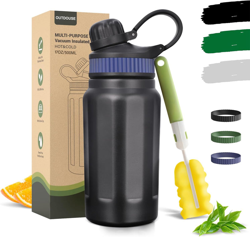 Insulated Water Bottle for Cold Drinks 500ml 800ml Stainless Steel Leak Proof with Straw 3 Interchangeable Silicone Bands BPA Free for Travel (500ml)