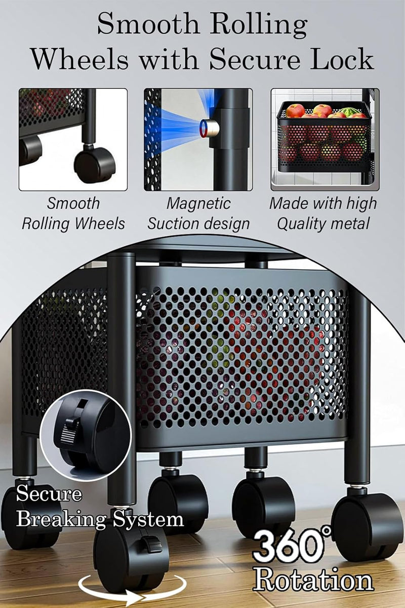 4 Tier Square Movable And Detachable Metal Rolling Trolley Cart Basket Shelf With Wheels – Kitchen Ideal Storage Rack For Vegetable, Fruit, Pantry, Bathroom – Black (4 - Tier)