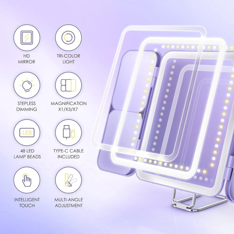 SEJOY Tri-Fold LED Makeup Mirror – 1X/3X/7X Magnification, 3 Light Colours, Rechargeable (Purple)