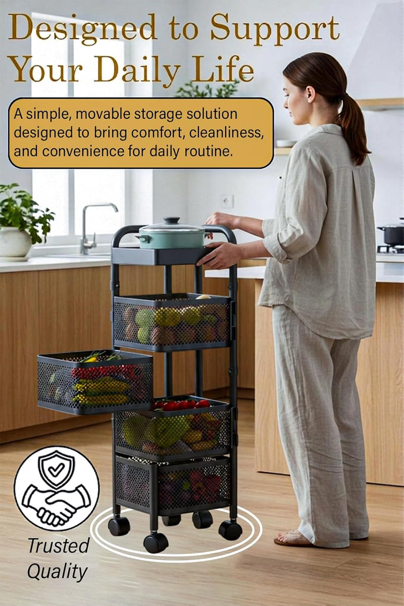4 Tier Square Movable And Detachable Metal Rolling Trolley Cart Basket Shelf With Wheels – Kitchen Ideal Storage Rack For Vegetable, Fruit, Pantry, Bathroom – Black (4 - Tier)