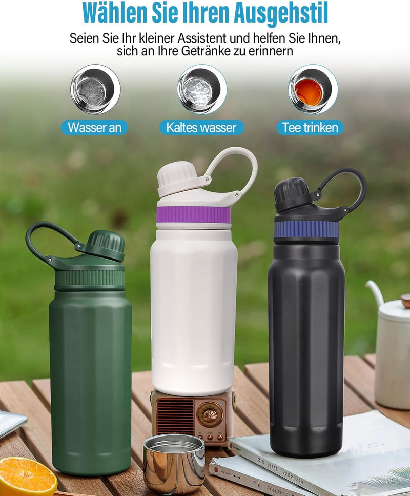 Insulated Water Bottle for Cold Drinks 500ml 800ml Stainless Steel Leak Proof with Straw 3 Interchangeable Silicone Bands BPA Free for Travel (500ml)