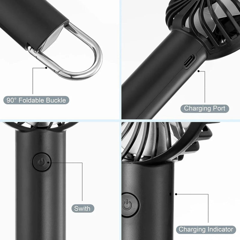Portable Hand-held Fan Mini Fan Cooling USB Rechargeable 3 Speed With Clip Black
