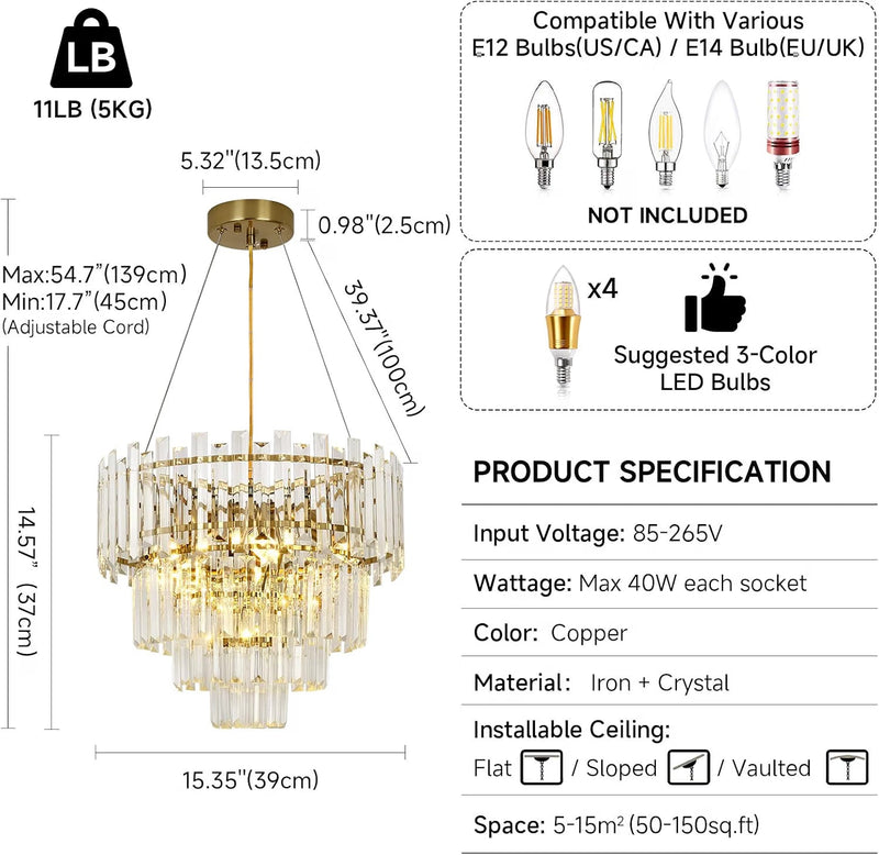 Gold Crystal Chandelier 40cm Round Pendant Light E14 4 Light Modern Ceiling Lamp