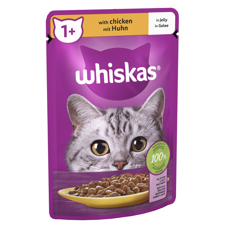 Whiskas 1+ Adult Wet Cat Food Pouch in Jelly with Chicken 85g - Case of 28