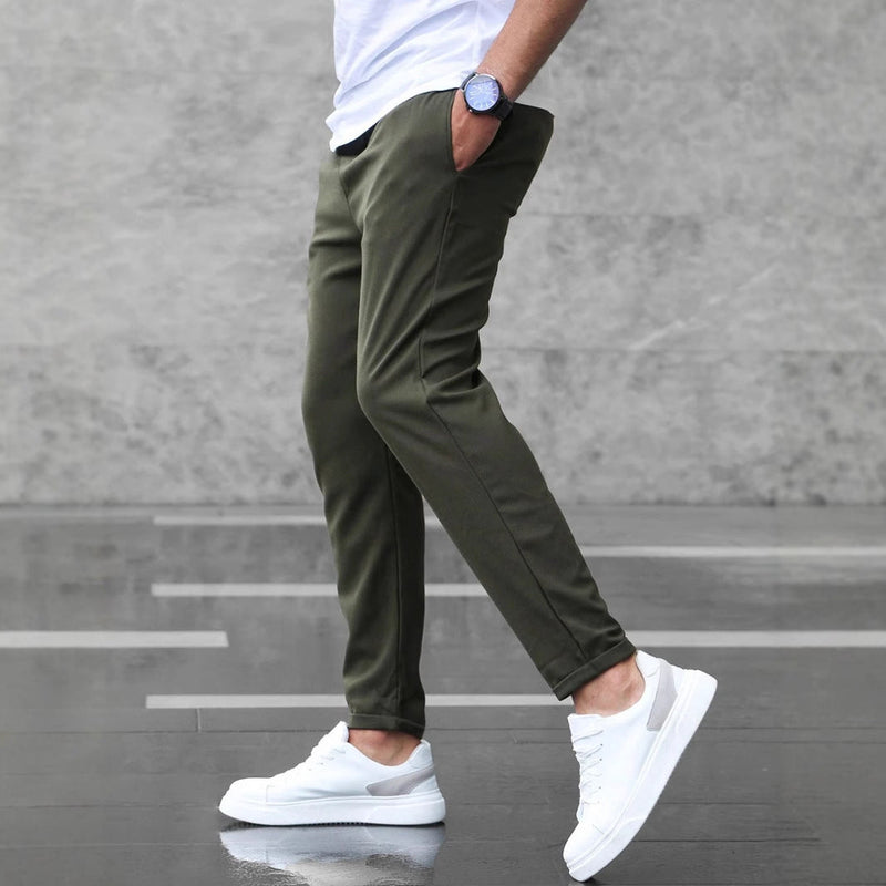 Men's Casual Drawstring Trousers Slim Fit Straight Leg Pants with Pockets Trendy