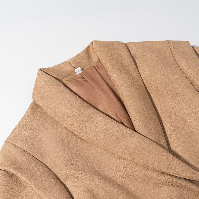 Retro Lapels Suede Waist-controlled Long Sleeves Jacket Coat