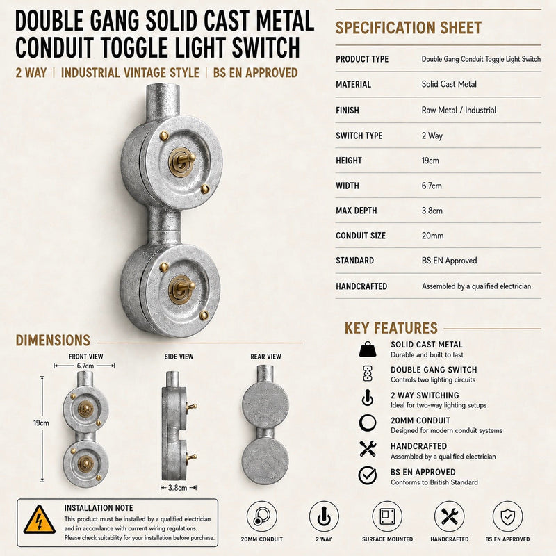 Double Gang Solid Cast Conduit Metal Light Switch Industrial 2 Way