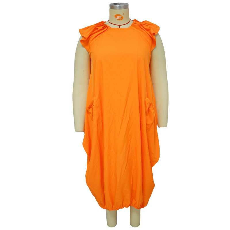 Women's Plus-Size Solid-Color Loose Dress With Two Pockets