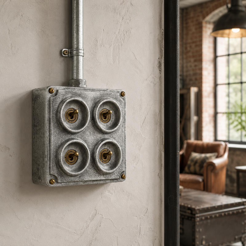 4 Gang 2 Way Solid Cast Metal Conduit Light Switch Industrial - Vintage Crabtree Style