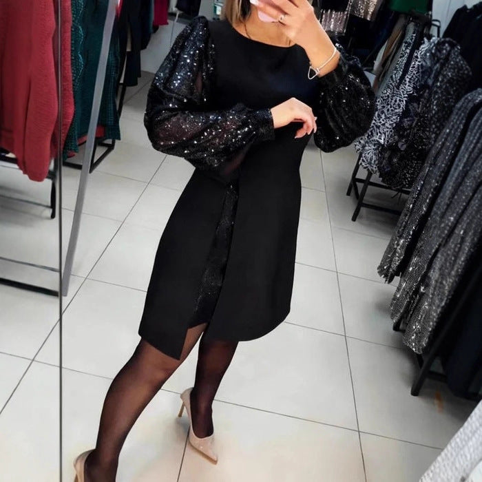 Women's Elegant Patchwork Sequin Puff Sleeve Short Dress