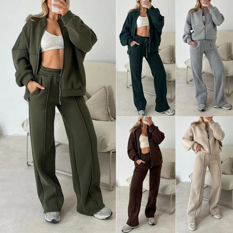 Fashion Casual Solid Color Long-sleeved Sweater Zipper Trousers Two-piece Set