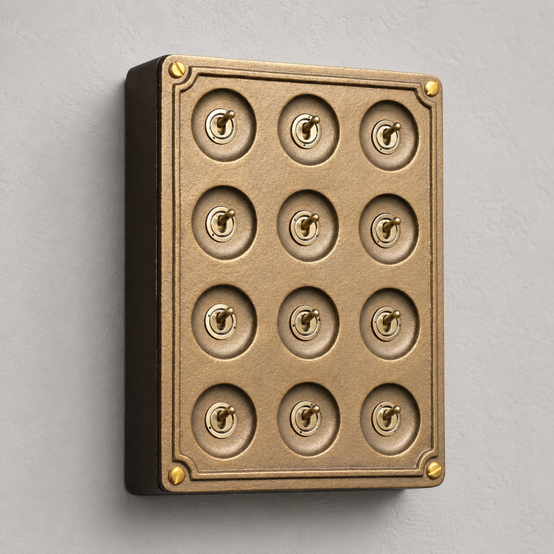 12 Gang 2 Way Bronze Solid Cast Metal Surface Mounting Conduit Light Switch Industrial - BS EN Approved Vintage Crabtree 1950