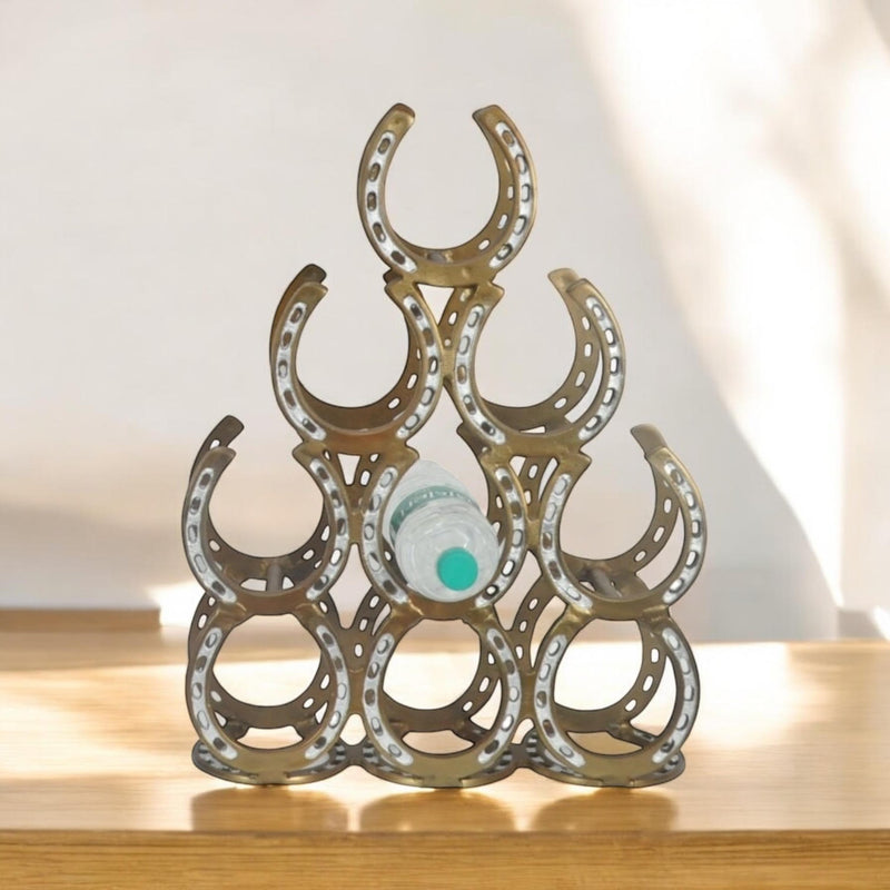 53CM ANTIQUE BRASS 9 BOTTLE WINE RACK