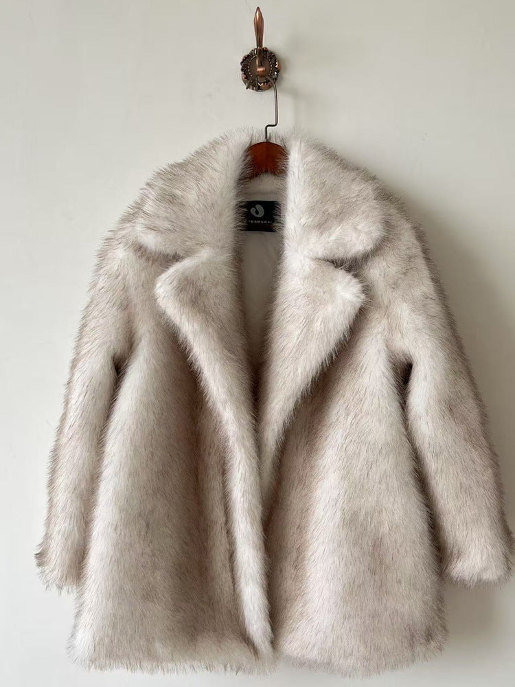 Women's Autumn Winter Warm Notched Collar Mid-Length Fur Coat