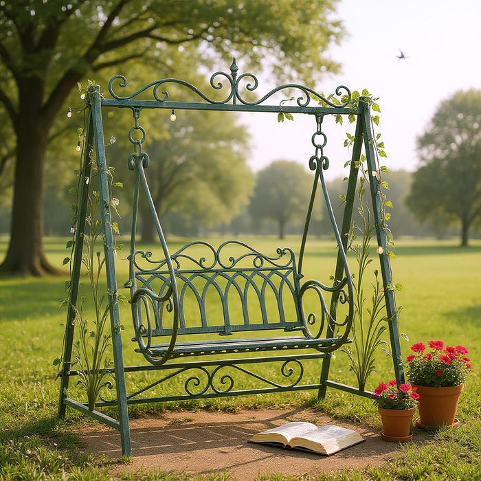 GREEN METAL SWING BENCH