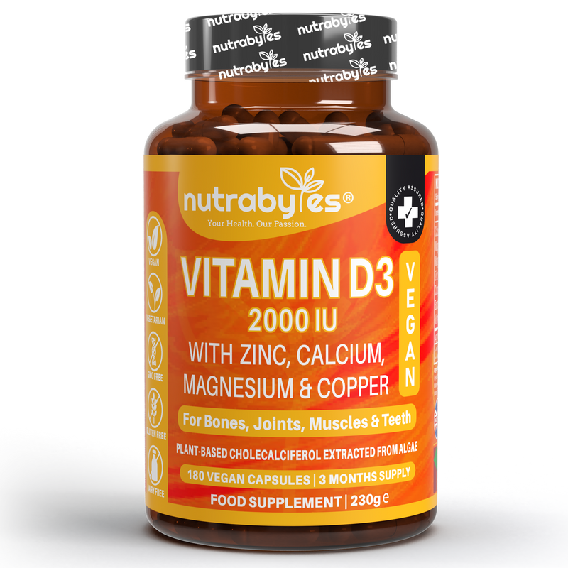 Vegan Vitamin D3 2000 IU with Calcium, Magnesium, Zinc & Copper | 180 capsules, 3 months supply | Made in the UK