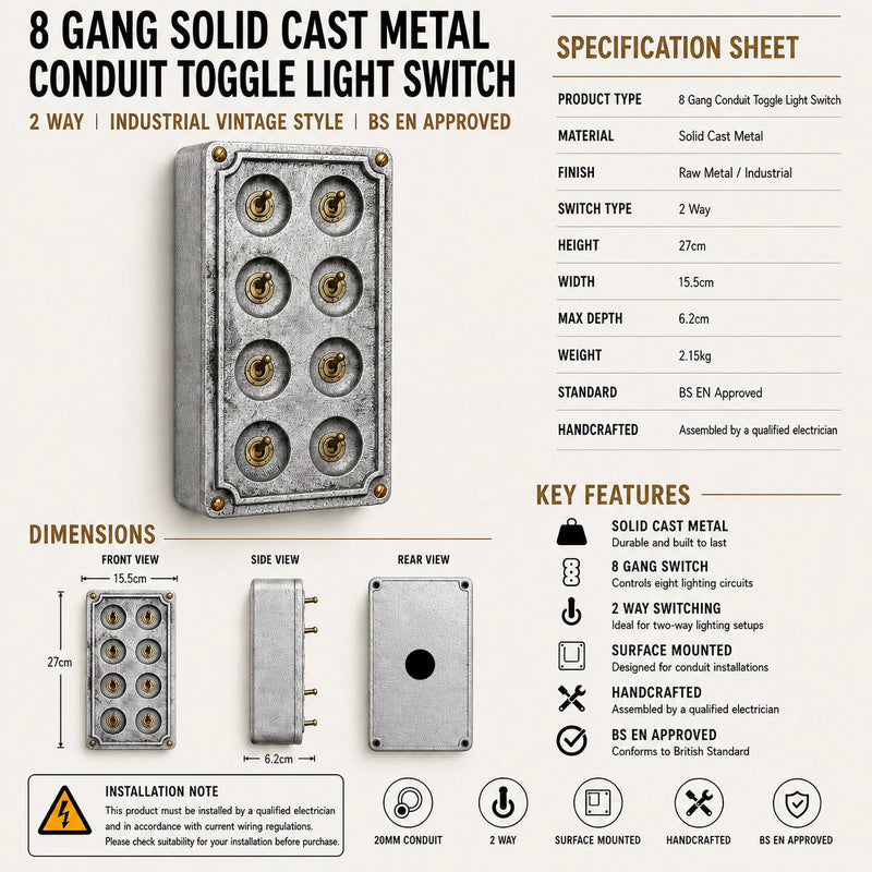 8 Gang 2 Way Solid Cast Metal Conduit Light Switch Industrial - Vintage Crabtree